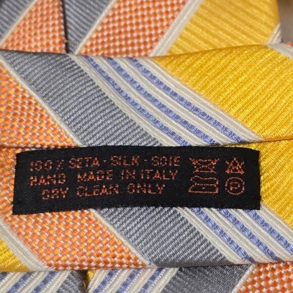 Dolcepunta Made in Italy Silk Necktie - Yellow Orange Gray Stripe - 3 3/4" x 59" - Picture 5 of 5